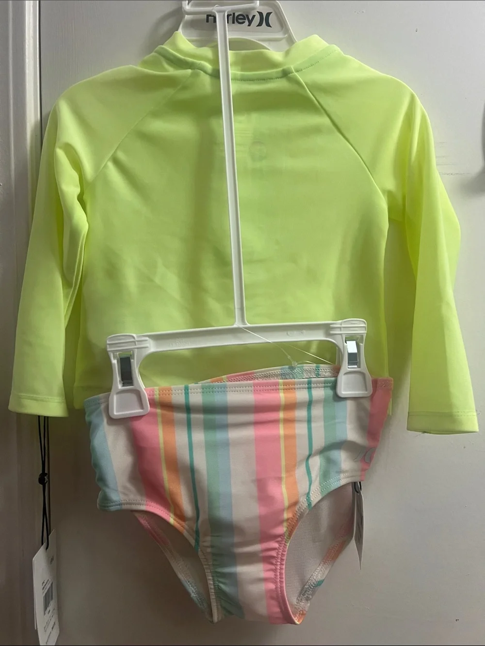 Hurley Neon Yellow Girls' Long Sleeve Rashguard with Pastel Striped Bottoms